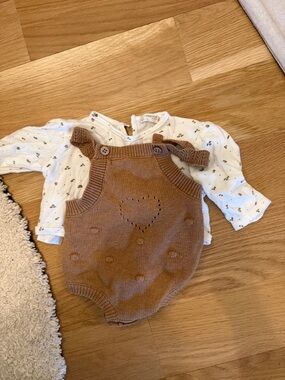 Mayoral Brown Knit Heart Bubble Romper with Cream Floral Top